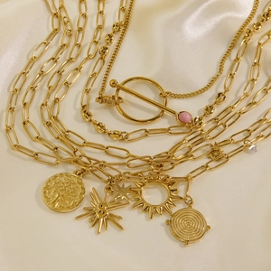 Pendant Necklace Stainless Steel 14K Gold Plated Paperclip Chain Bohemian Sun Tree Of Life Charm For Women