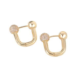 Modern golden U-shaped earrings with sparkling pink and white zircon stones set in metal