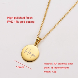 Polished 18k gold plated stainless steel necklace with round 'Hope' engraved pendant