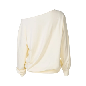 Detail of off-white long sleeve crop top showing asymmetric off-shoulder neck design