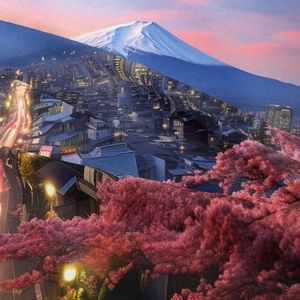 Detailed close-up of Mount Fuji and cherry blossom print on bohemian style tapestry fabric