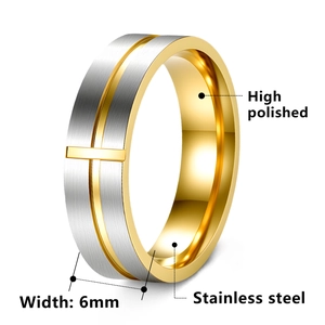 Men's 6mm stainless steel cross ring with two-tone gold and silver high polished finish