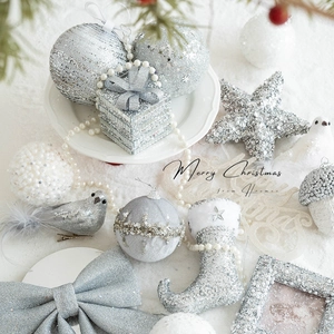 Christmas Tree Hanging Ornaments Silver White Glitter Foam Baubles Sequins Star Bird Sock Holiday Decor Elegant