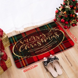 Festive 40x60cm Christmas flannel doormat with red plaid and Merry Christmas text