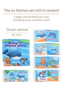 Detail view of Ocean Park baby cloth book with 5 pages and 10 colorful maritime scenes