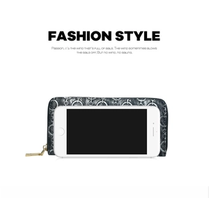Long zip-around wallet featuring patterned embossing and a smartphone for size reference