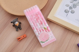 Close-up of 6-pack peach themed 0.5mm mechanical pencil set in transparent box packaging