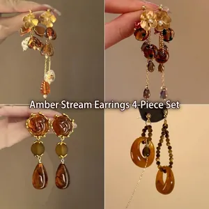 Boucles D'oreilles Pendantes En Résine Ambre Vintage Avec Tige En Argent Oeil De Tigre Fleur Frange Bijoux Femmes