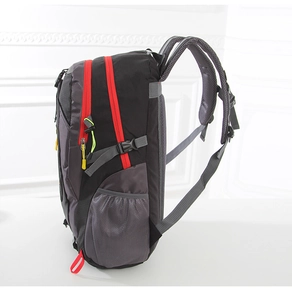 Detailed side view of a large capacity outdoor backpack with padded shoulder straps
