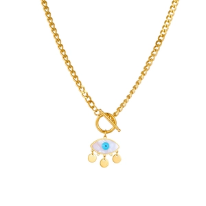 Golden stainless steel evil eye necklace with shell pendant and toggle clasp closure