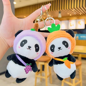 Cute fruit panda plush keychains with purple grape and orange carrot designs
