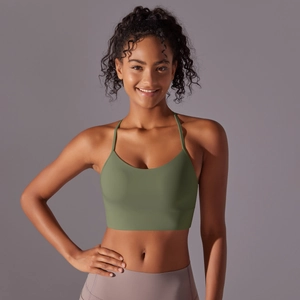 Olive green racerback sports bra with U-neck and wide underband for fitness
