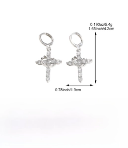 Detailed dimensions of silver cross earrings with crystals showing 4.2cm height and 1.9cm width