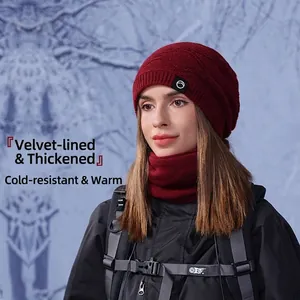 Winter wine red knitted beanie and neck warmer set with warm fleece lining for women