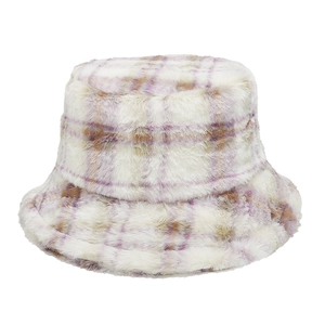 Close-up of soft purple plaid faux rabbit fur bucket hat with fluffy texture detail