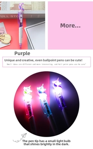 Luminous purple unicorn ballpoint pen with LED light effect for students