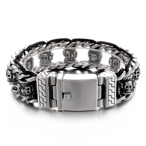 Bracelet Crâne Acier Inoxydable Punk Gothique Rock Bijoux Hommes Vintage Halloween Accessoire De Fête