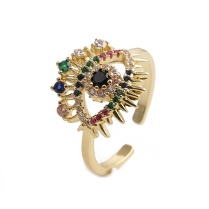 Gold Evil Eye adjustable ring featuring multi-colored cubic zirconia and crystal stones