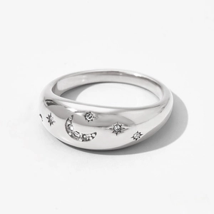 Bague en acier argenté avec motif étoile lune et pierres de zircone brillantes