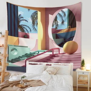 Detail of bohemian tapestry featuring surrealist architecture and palm trees for bedroom decor