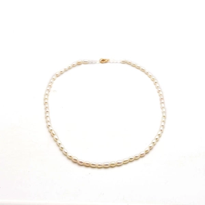 Natural white freshwater pearl necklace with 18k gold plated clasp on white background