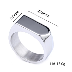 Detailed view of silver rectangular signet ring with 20mm x 8.5mm dimensions and specifications