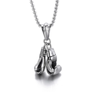 Professional silver stainless steel boxing gloves pendant necklace on a plain white background