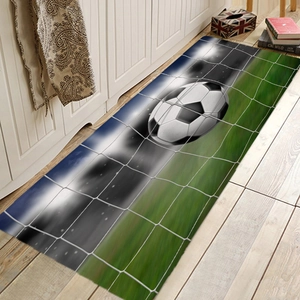 Detailed view of football rug with a ball entering the net on a home wooden floor