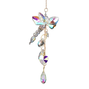 Rainbow crystal dragonfly suncatcher with AB aurora beads and golden heart drops