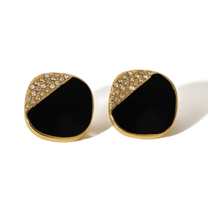 Elegant gold-plated square stud earrings with black enamel inlay and sparkling cubic zirconia