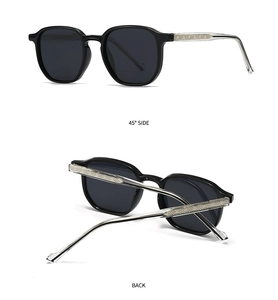Detail view of silver metal core temples with geometric texture and dark polarized lenses