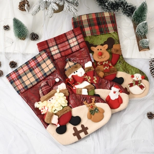 Large Christmas Stocking 3D Santa Snowman Reindeer Plaid Trim Fabric Plush Hanging Gift Bag Home Party Decoration