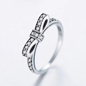 Sparkling S925 sterling silver bow ring with shimmering cubic zirconia micro-pave setting