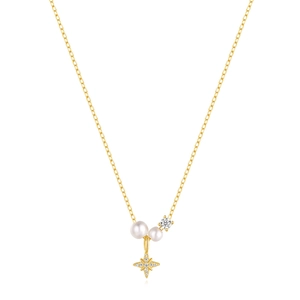 Exquisite S925 silver gold necklace with double pearls and sparkling octagonal star pendant