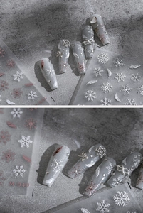 Detailed close-up of winter snowflakes and silver feathers 3D nail art stickers M-049
