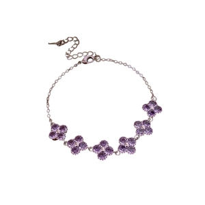 Exquisite silver flower bracelet with five sparkling purple zircon clover charms on white background