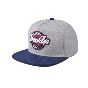 Brooklyn Barber shop flat brim snapback baseball hat with gray wool and blue suede visor