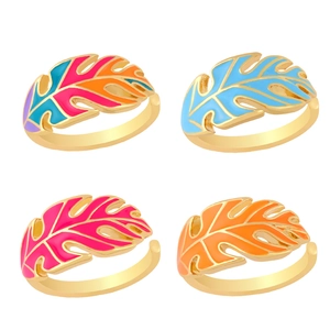 Monstera Leaf Open Ring Copper Gold Plated Enamel Tropical Plant Adjustable Finger Jewelry Bohemian Summer Party Women