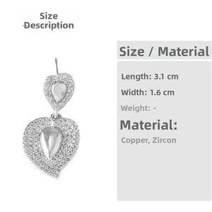 Detail view of double heart drop earrings with dimensions 3.1cm by 1.6cm for women