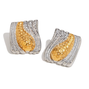 Two-tone 18K gold plated stainless steel rectangular stud earrings with hammered texture