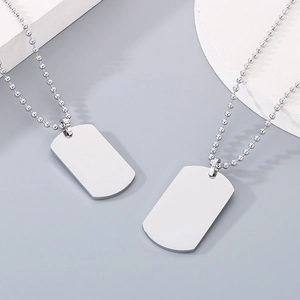Polished silver stainless steel rectangle dog tag pendant necklace with bead chain link