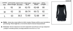 Size chart for square neck mini dress with sleeve length and bust measurements