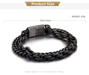 Detail of vintage double-layer stainless steel bracelet with dragon bone and twist links