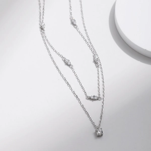 Minimalist S925 sterling silver double layer necklace with D-color Moissanite stone