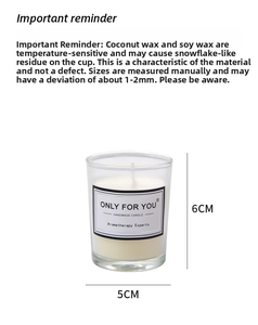 Detail view of soy and coconut wax candle in a 6cm glass jar with dimensions