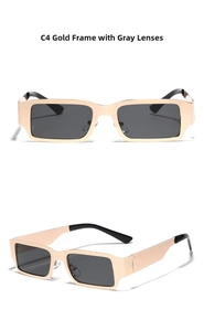 Detail view of C4 gold metal rectangular sunglasses with grey lenses and black temple tips