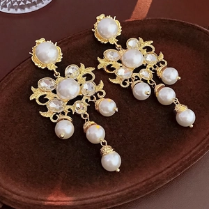 Baroque Flower Dangle Earrings Alloy Rhinestone Imitation Artificial Pearl With Silver Earring Post Vintage French Palace Style