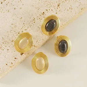 Boucles D'oreilles Ovales Pierre Naturelle Acier Inoxydable Texture Métallique Vintage Plaqué Or Femmes
