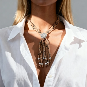 Collier chic en tissu marron avec détails diamantés argentés sur un mannequin femme