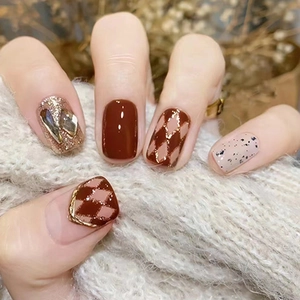Sweet Coffee Red Brown Diamond Lattice Press On Nails With Glitter Rhinestone Embellished Squoval Fake Nails D540 For Women